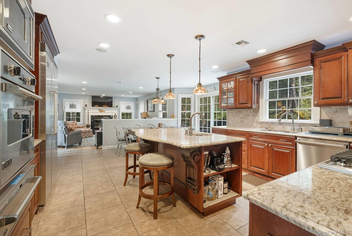 Fireplace, Interior, Kitchen, Pendant Lights, Recessed Lighting, Stainless Steel Appliances