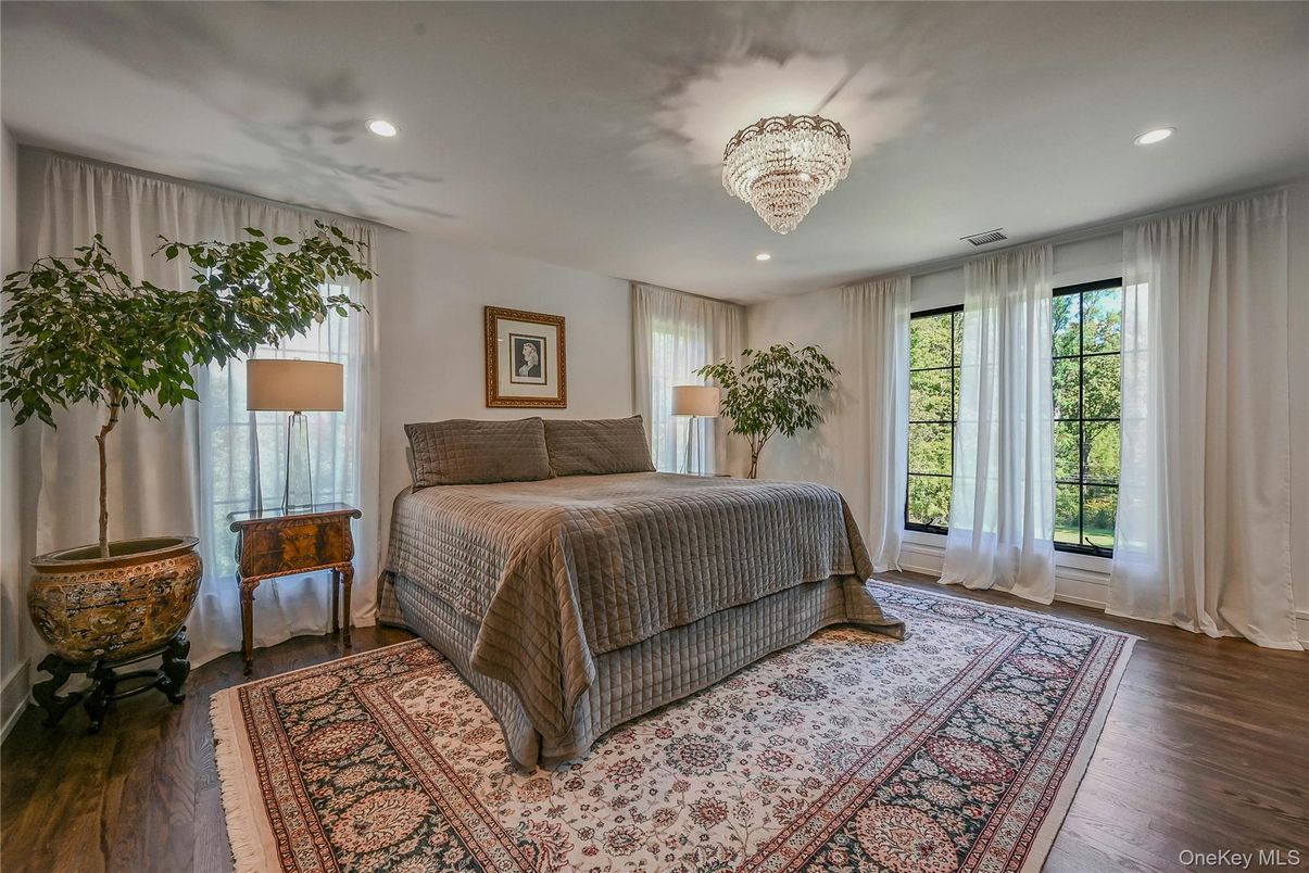 Bedroom, Chandelier, Interior, Recessed Lighting, Wood Texture Flooring