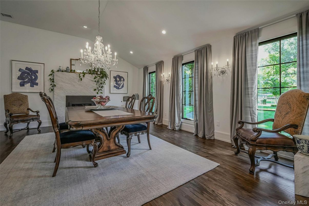 Chandelier, Dining room, Fireplace, Interior, Recessed Lighting, Wood Texture Flooring