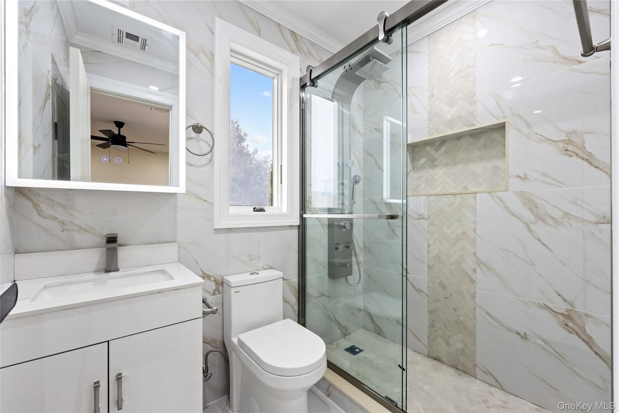 Bathroom, Glass Shower, Interior, Marble Walls, Recessed Lighting