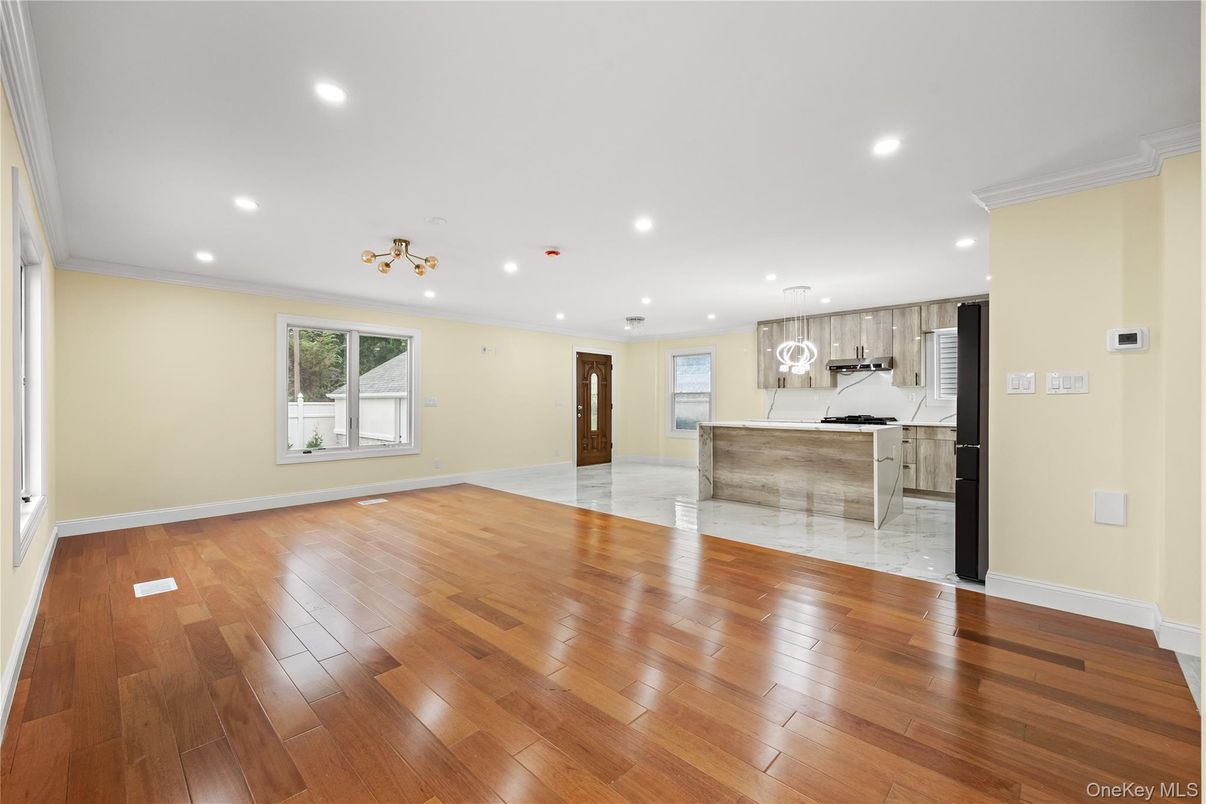 Empty room, Interior, Kitchen, Pendant Lights, Recessed Lighting, Wood Texture Flooring
