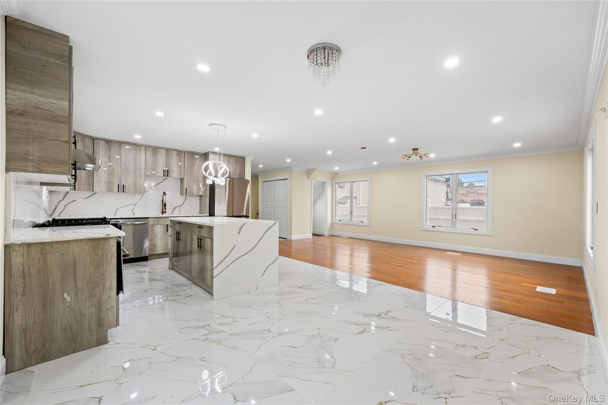 Interior, Kitchen, Marble, Marble Walls, Pendant Lights, Recessed Lighting, Stainless Steel Appliances