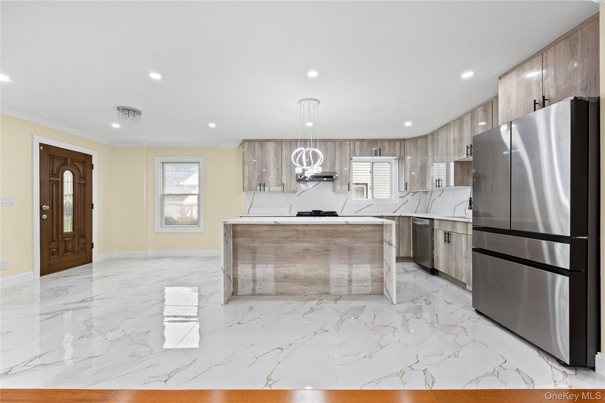 Interior, Kitchen, Marble, Pendant Lights, Recessed Lighting, Stainless Steel Appliances