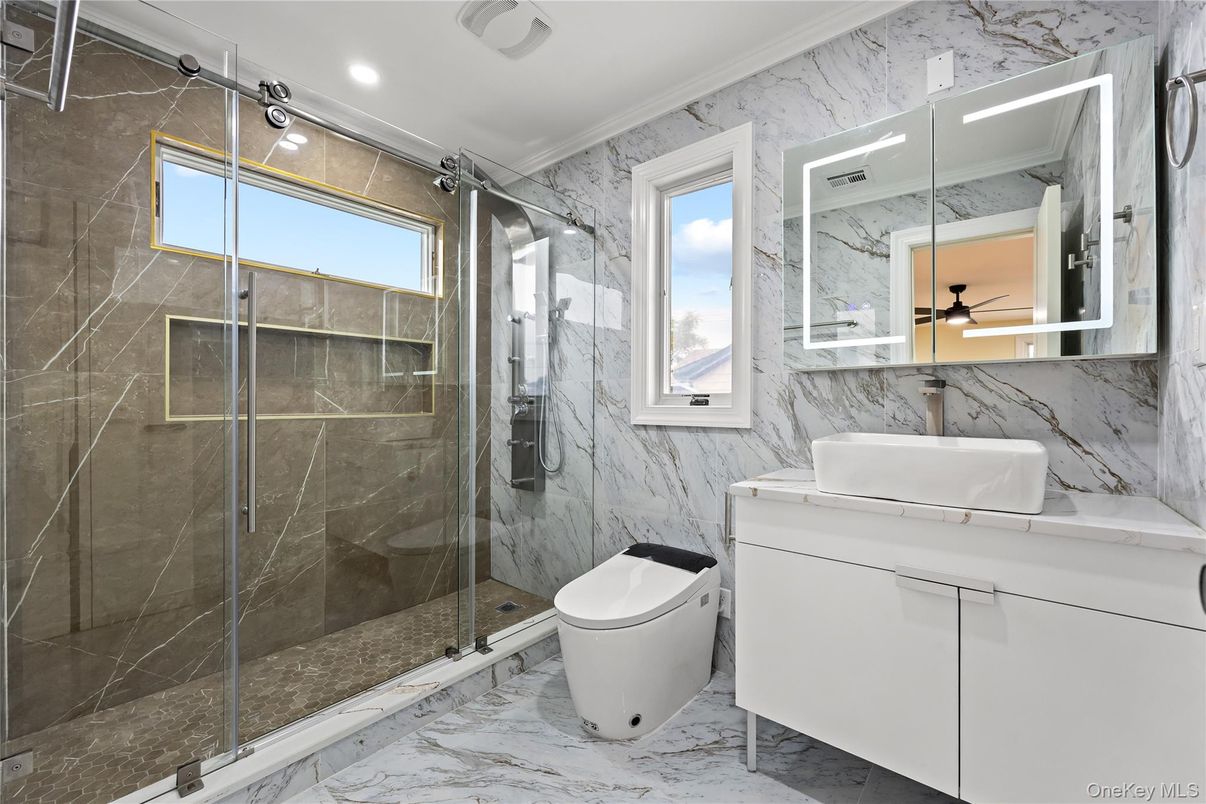 Bathroom, Glass Shower, Interior, Marble, Marble Walls, Recessed Lighting