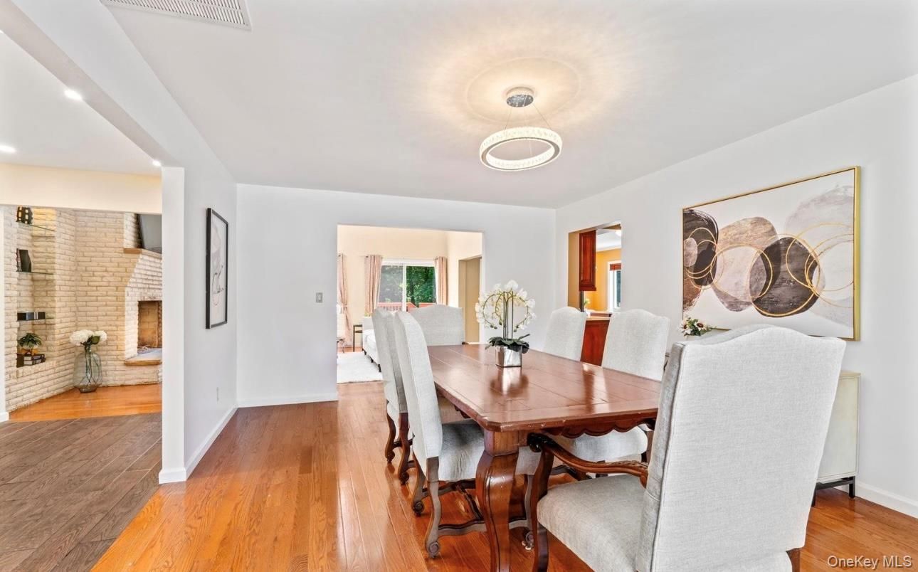 Dining room, Interior, Pendant Lights, Recessed Lighting, Wood Texture Flooring