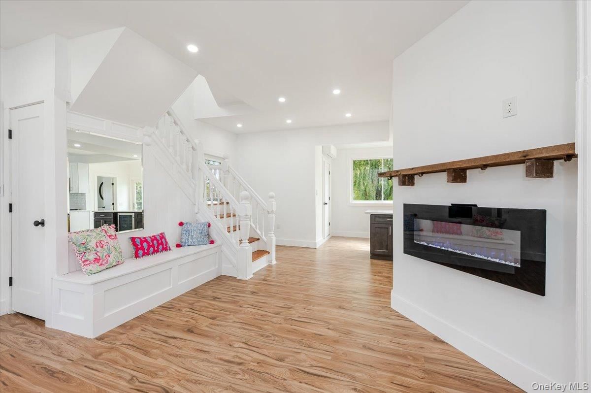 Fireplace, Interior, Recessed Lighting, Wood Texture Flooring