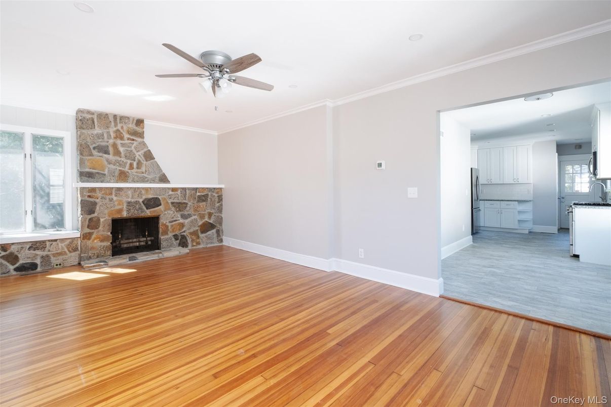Empty room, Fireplace, Interior, Kitchen, Stone Walls, Wood Texture Flooring