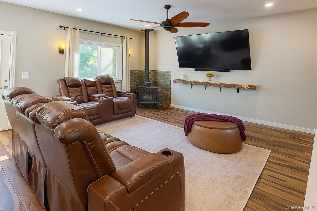 Home Theatre Room, Fireplace, Interior, Living room, Recessed Lighting, Wood Texture Flooring