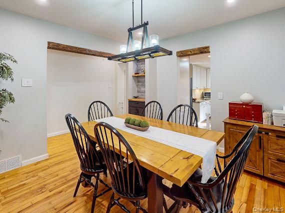Dining room, Interior, Kitchen, Pendant Lights, Recessed Lighting, Wood Texture Flooring