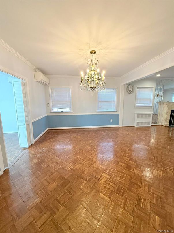 Chandelier, Empty room, Fireplace, Interior, Recessed Lighting, Wood Texture Flooring