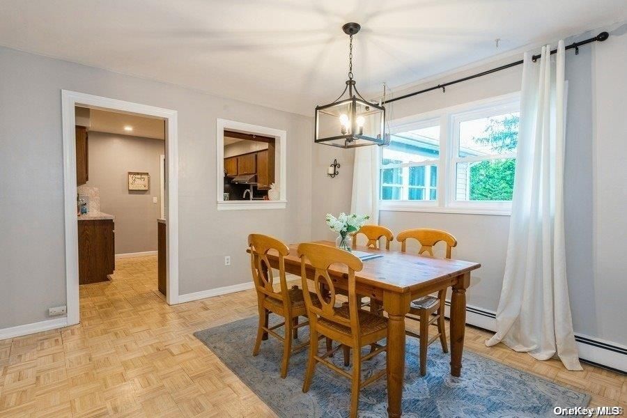 Dining room, Interior, Pendant Lights, Recessed Lighting, Wood Texture Flooring