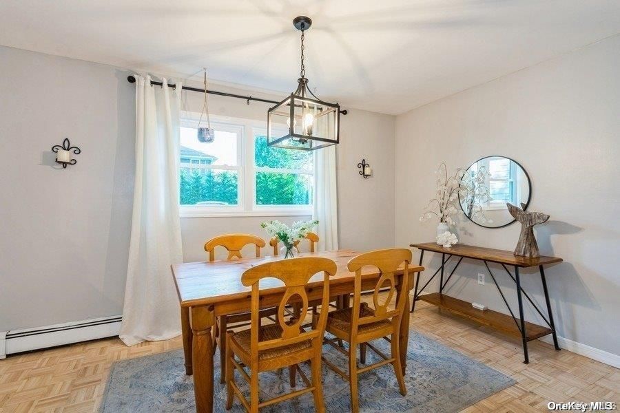 Dining room, Interior, Pendant Lights, Wood Texture Flooring