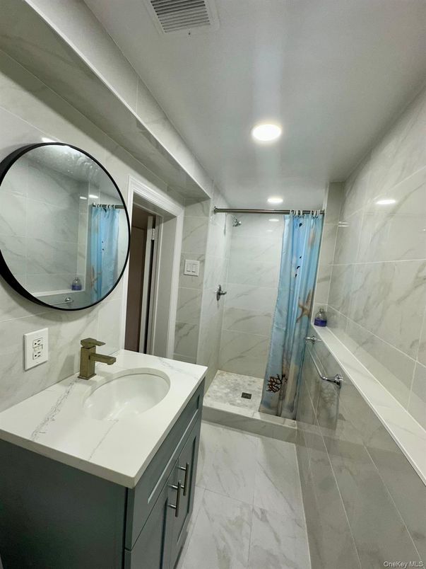 Bathroom, Glass Shower, Interior, Marble, Marble Walls, Recessed Lighting