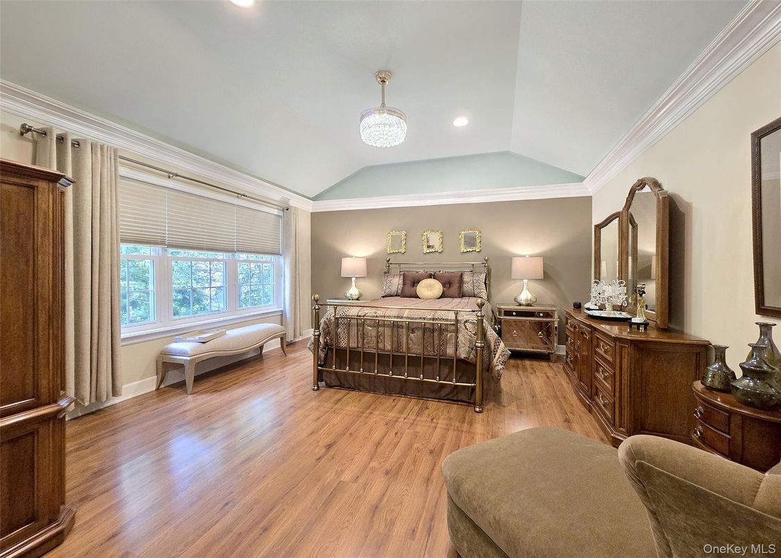 Bedroom, Chandelier, Interior, Recessed Lighting, Wood Texture Flooring