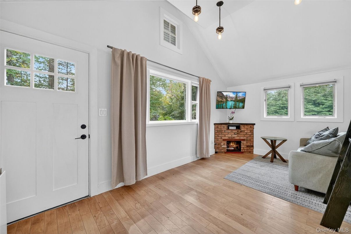 Fireplace, Interior, Pendant Lights, Wood Texture Flooring