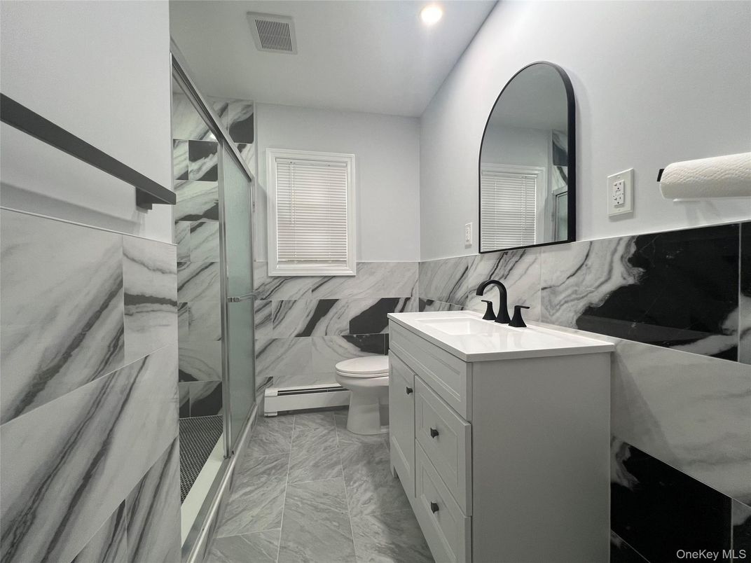 Bathroom, Glass Shower, Interior, Marble, Marble Walls, Recessed Lighting