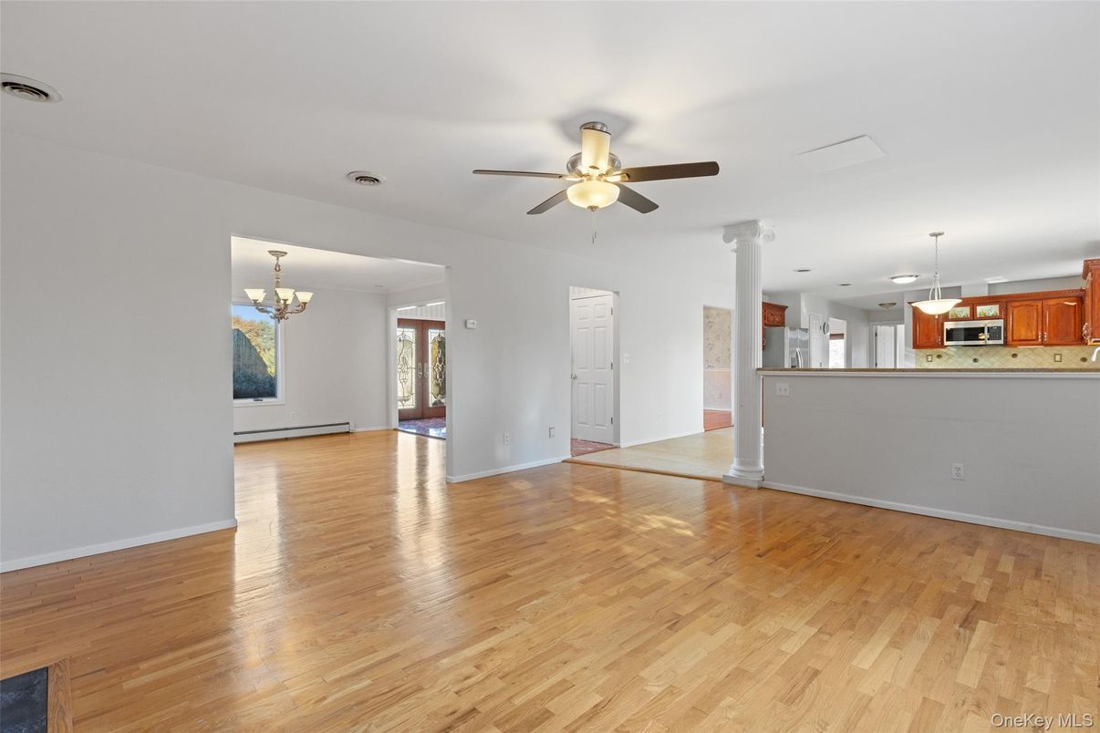 Chandelier, Empty room, Interior, Kitchen, Pendant Lights, Wood Texture Flooring