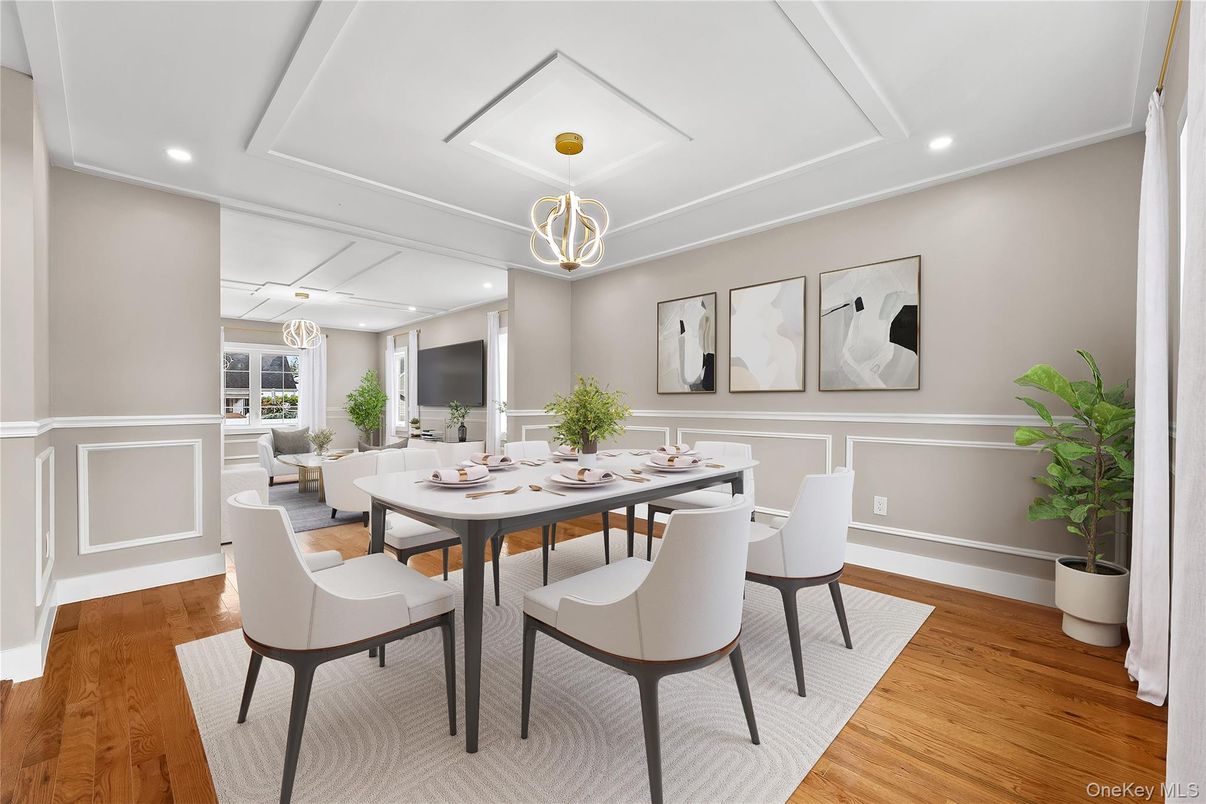 Dining room, Interior, Pendant Lights, Recessed Lighting, Wood Texture Flooring