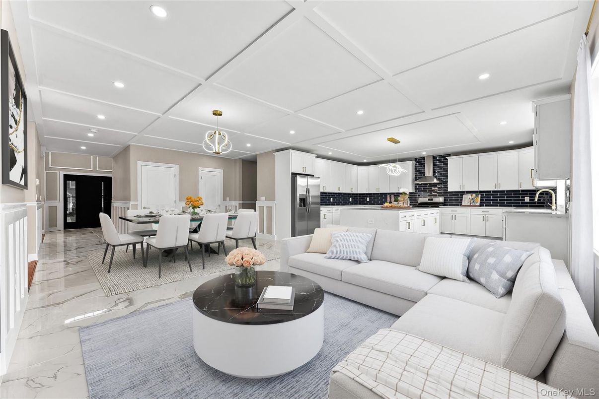 Dining room, Interior, Kitchen, Living room, Marble, Pendant Lights, Recessed Lighting, Stainless Steel Appliances