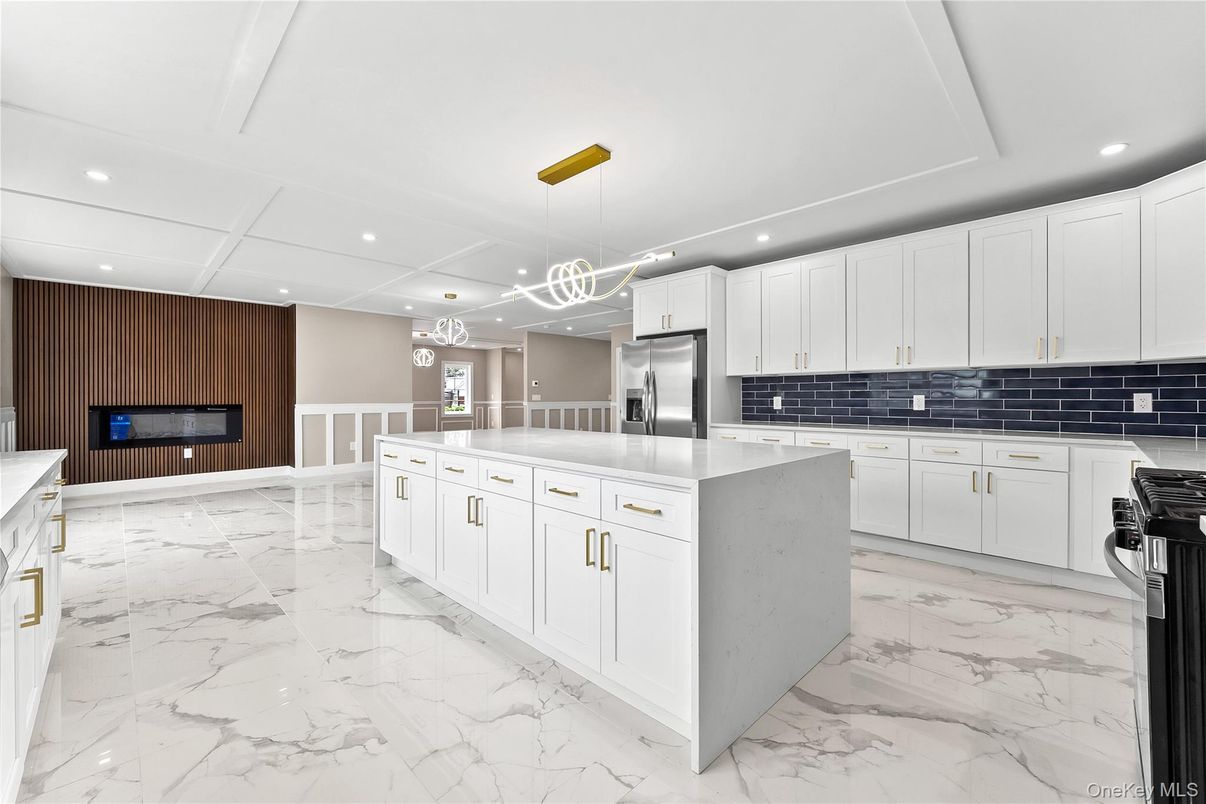 Interior, Kitchen, Marble, Pendant Lights, Recessed Lighting, Stainless Steel Appliances