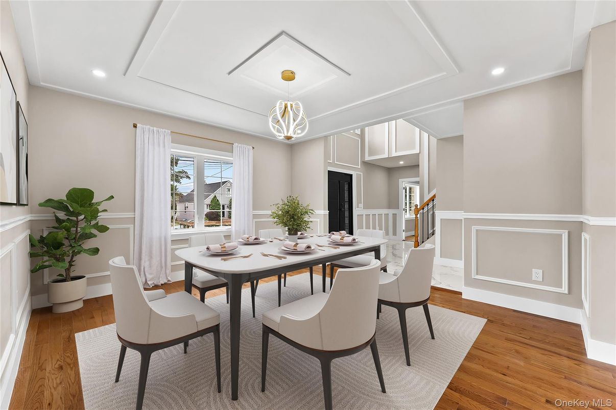Dining room, Interior, Pendant Lights, Recessed Lighting, Wood Texture Flooring