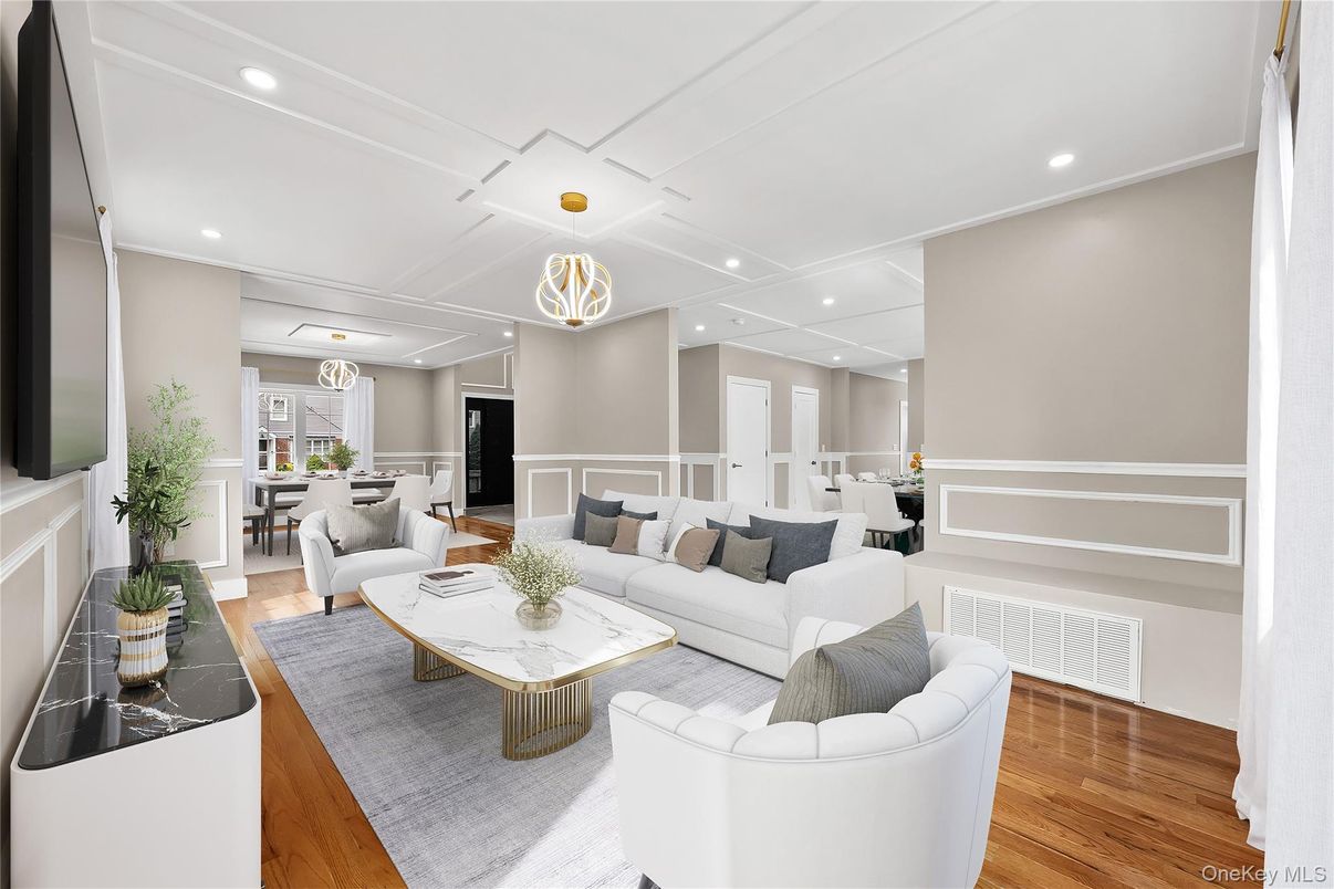 Dining room, Interior, Living room, Recessed Lighting, Wood Texture Flooring