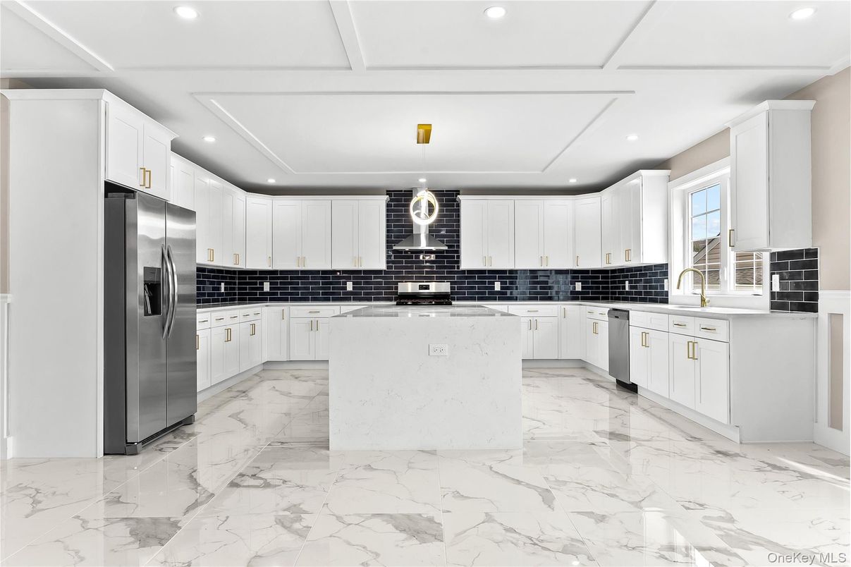 Interior, Kitchen, Marble, Pendant Lights, Recessed Lighting, Stainless Steel Appliances