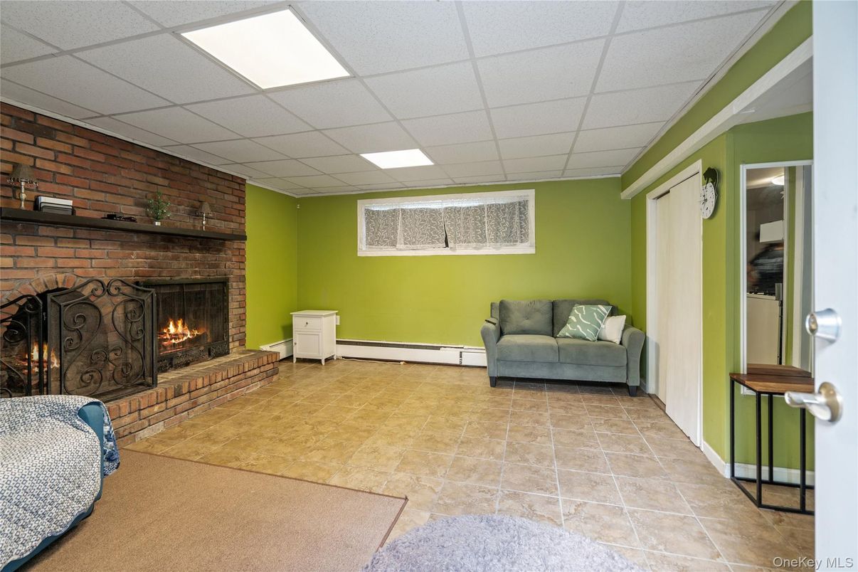 Fireplace, Interior, Recessed Lighting, Stone Walls, Wooden Walls