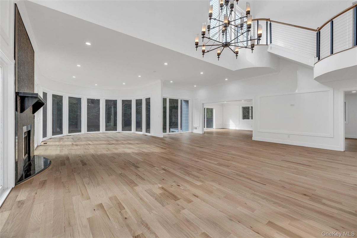 Empty room, Fireplace, Interior, Pendant Lights, Recessed Lighting, Wood Texture Flooring