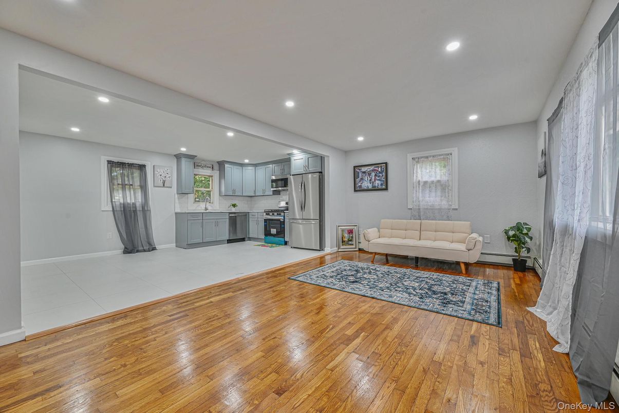 Interior, Kitchen, Living room, Recessed Lighting, Stainless Steel Appliances, Wood Texture Flooring