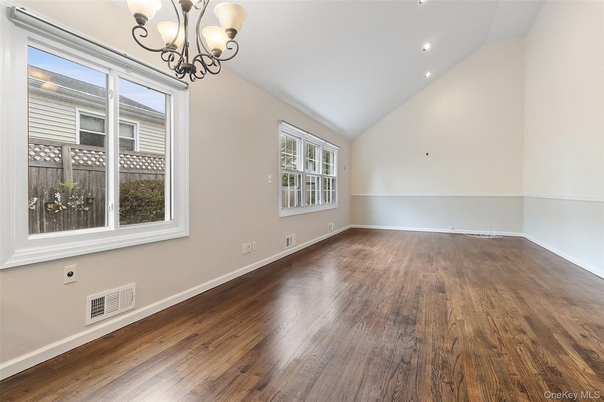 Chandelier, Empty room, Interior, Recessed Lighting, Wood Texture Flooring