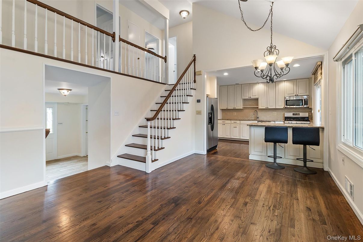 Chandelier, Interior, Kitchen, Recessed Lighting, Stainless Steel Appliances, Wood Texture Flooring