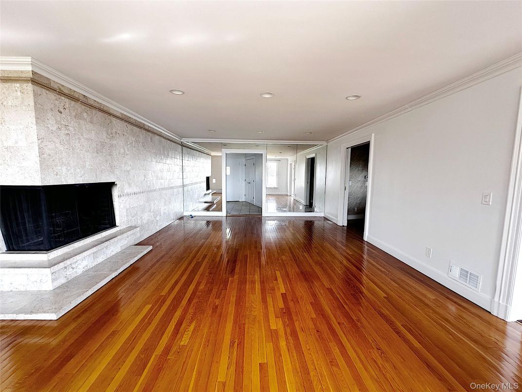 Empty room, Fireplace, Interior, Recessed Lighting, Wood Texture Flooring