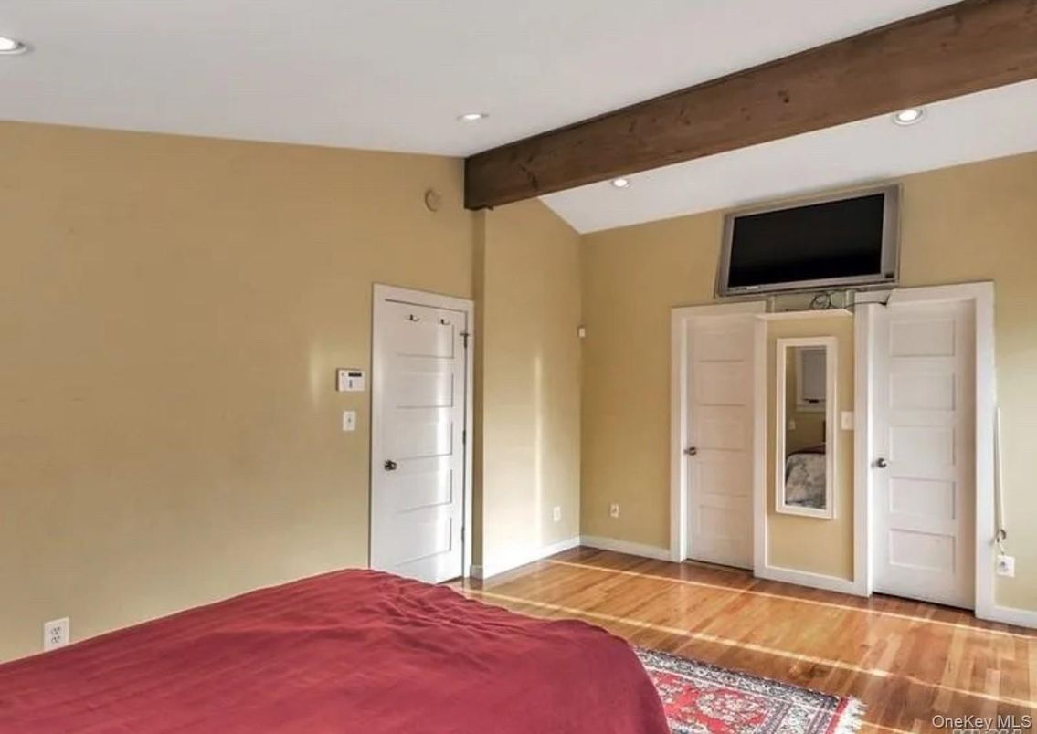 Bedroom, Interior, Recessed Lighting, Wooden Beams, Wood Texture Flooring