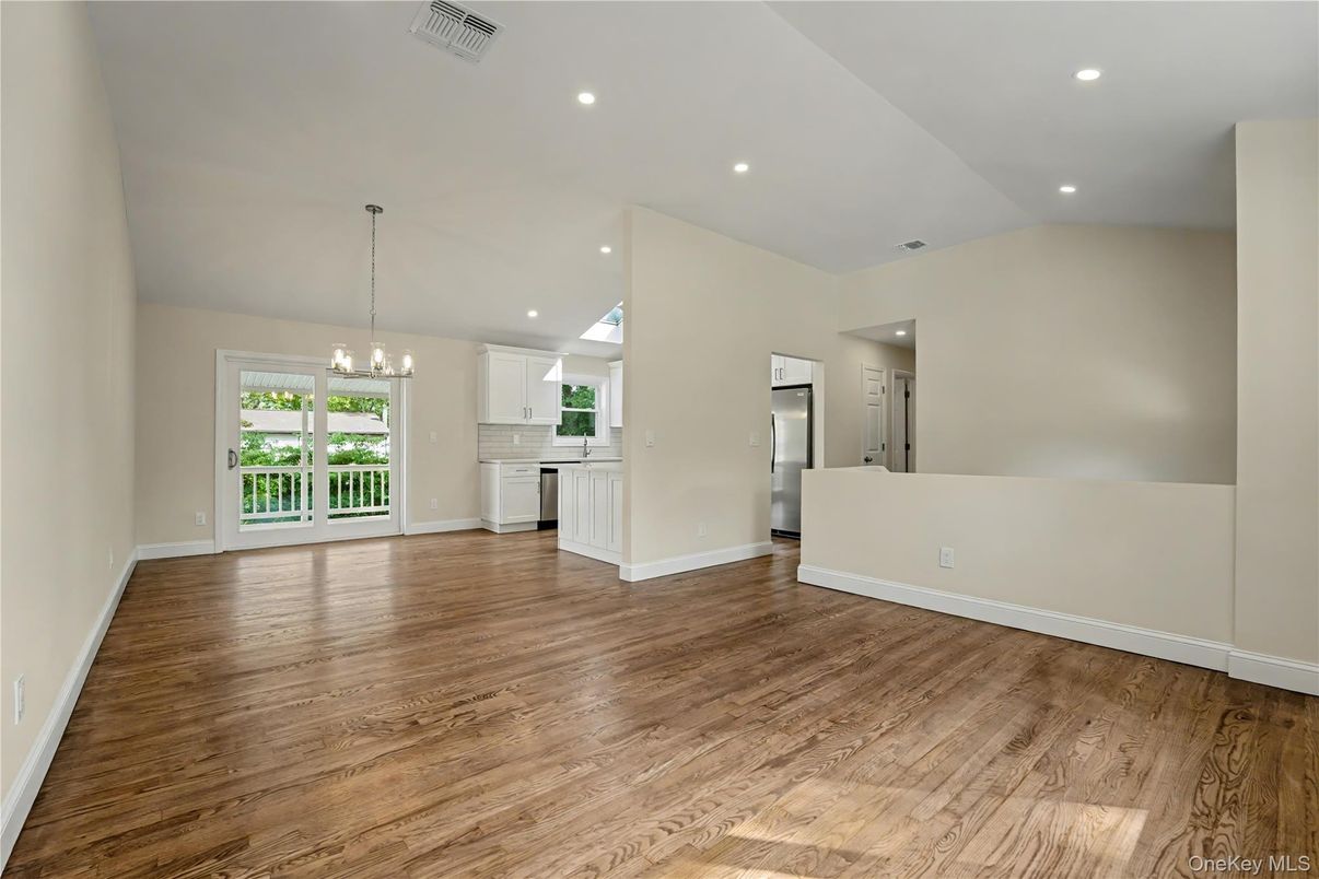 Chandelier, Empty room, Interior, Kitchen, Pendant Lights, Recessed Lighting, Wood Texture Flooring