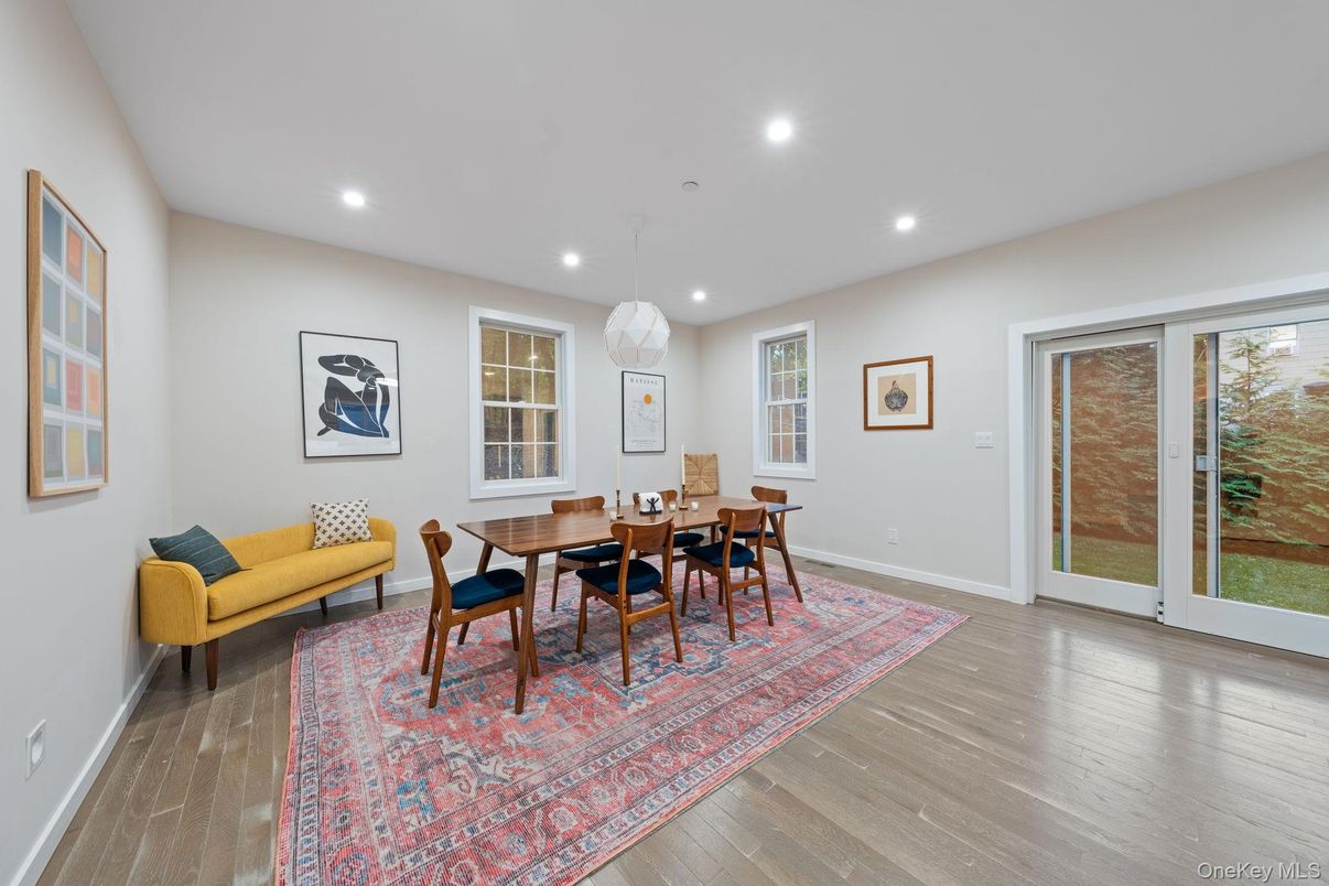 Dining room, Interior, Pendant Lights, Recessed Lighting, Wood Texture Flooring