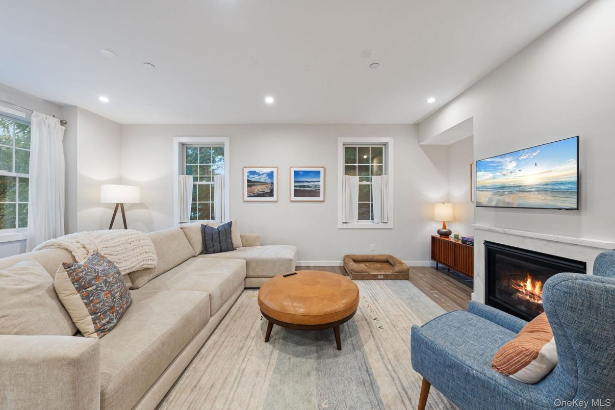 Fireplace, Interior, Living room, Recessed Lighting, Wood Texture Flooring