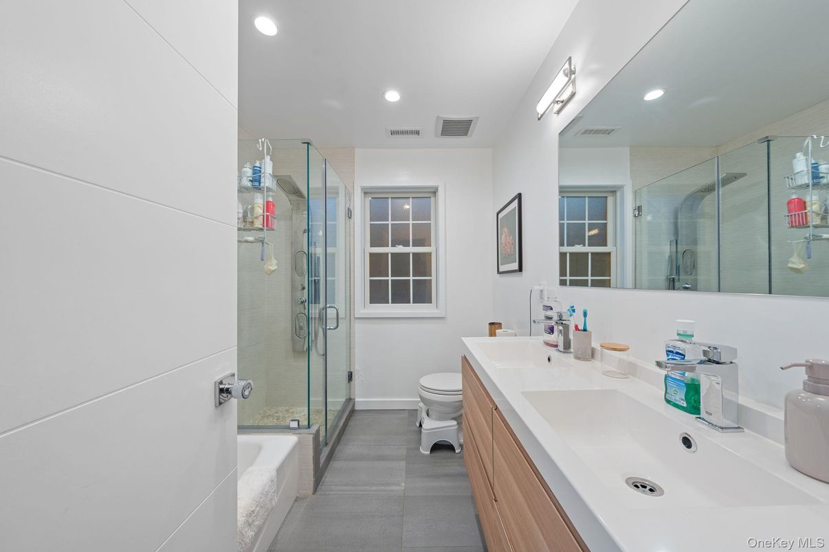 Bathroom, Dual Sink Vanities, Glass Shower, Interior, Recessed Lighting