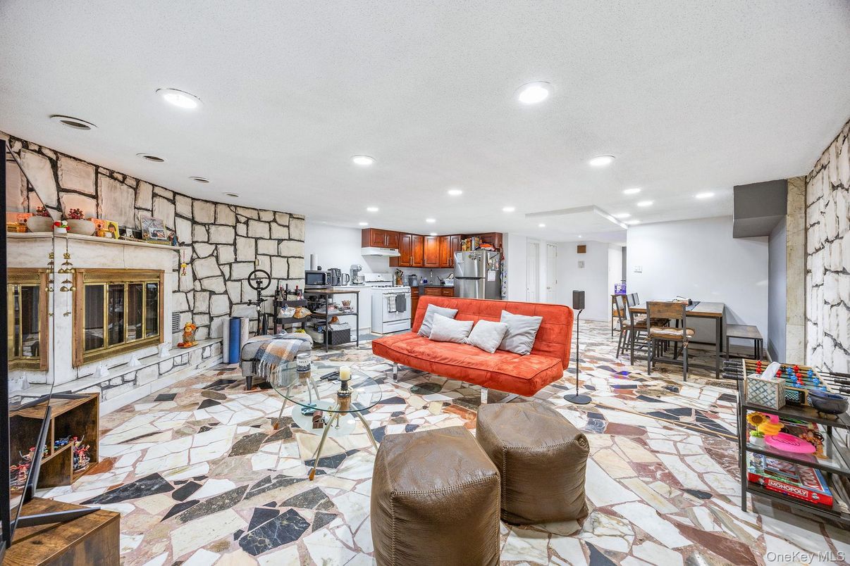 Dining room, Fireplace, Interior, Kitchen, Living room, Recessed Lighting, Stone Walls