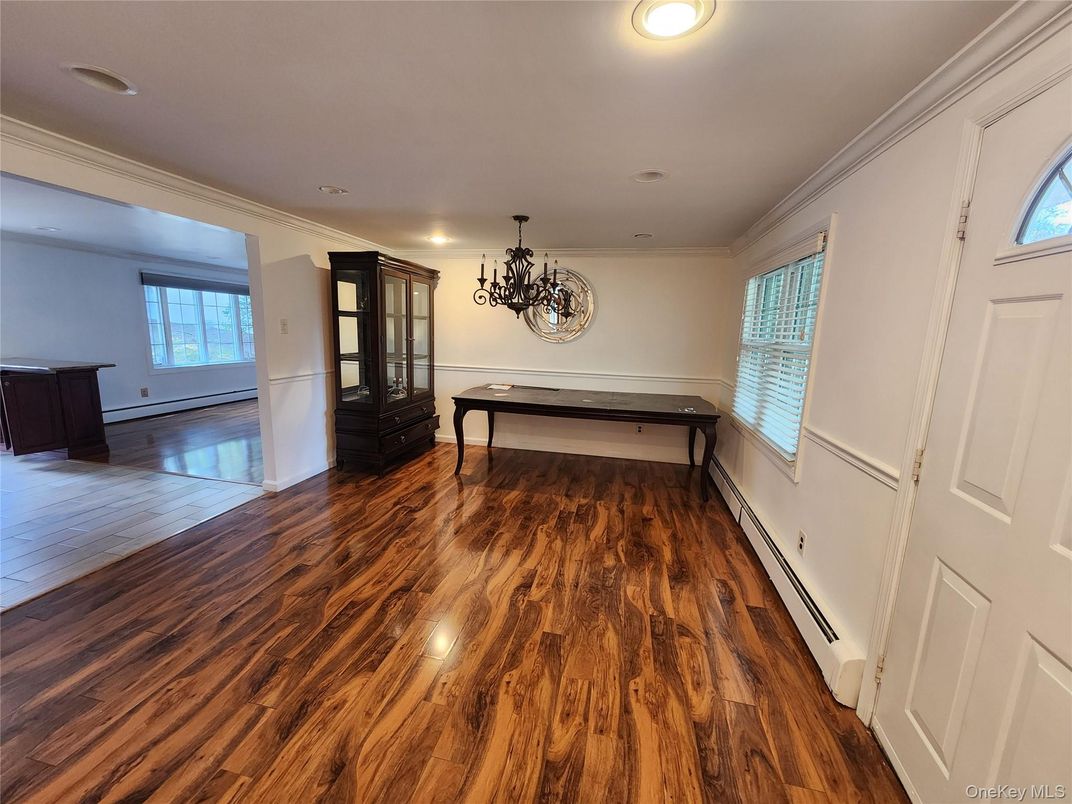 Chandelier, Empty room, Game Room, Interior, Recessed Lighting, Wood Texture Flooring