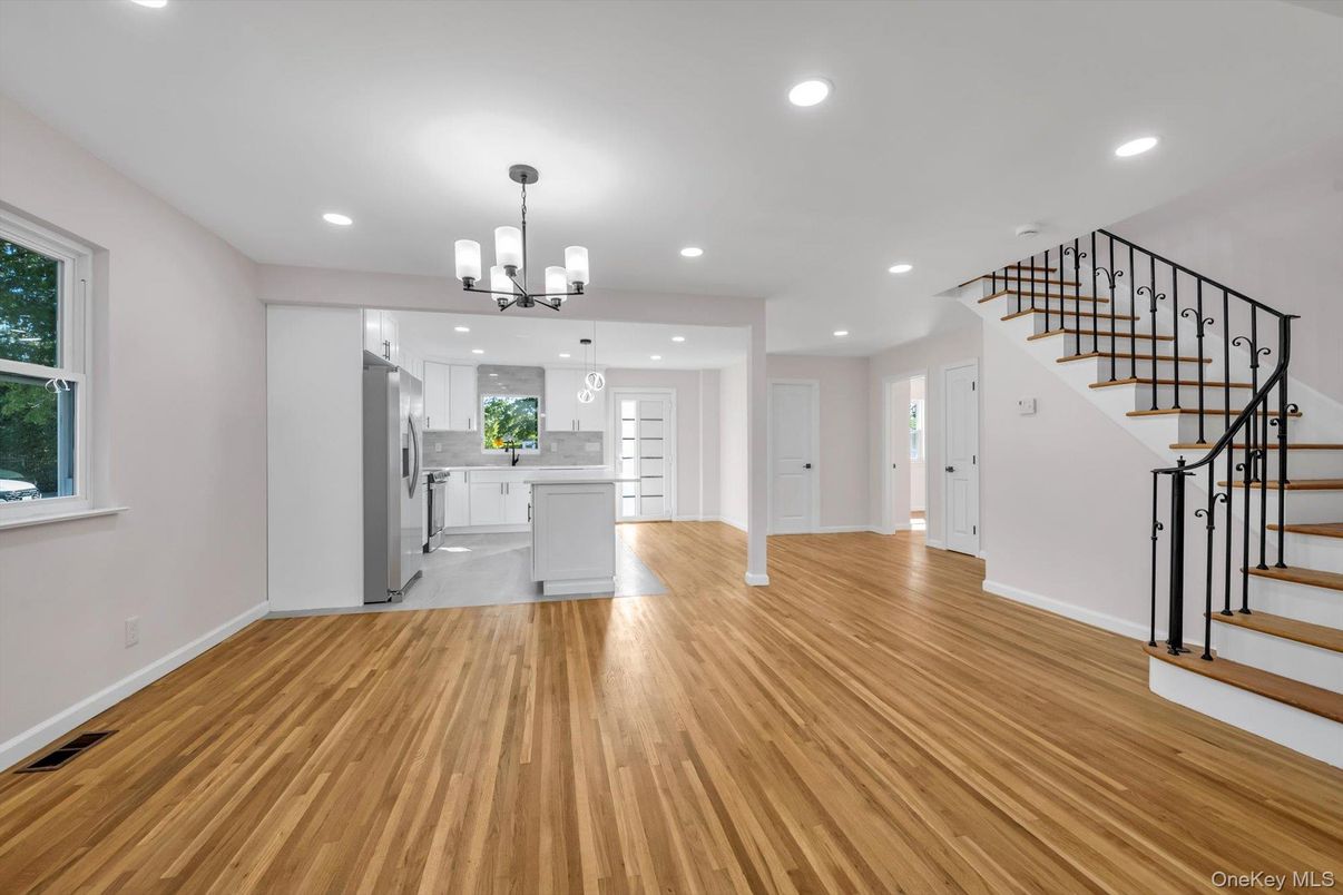 Chandelier, Empty room, Interior, Kitchen, Recessed Lighting, Wood Texture Flooring