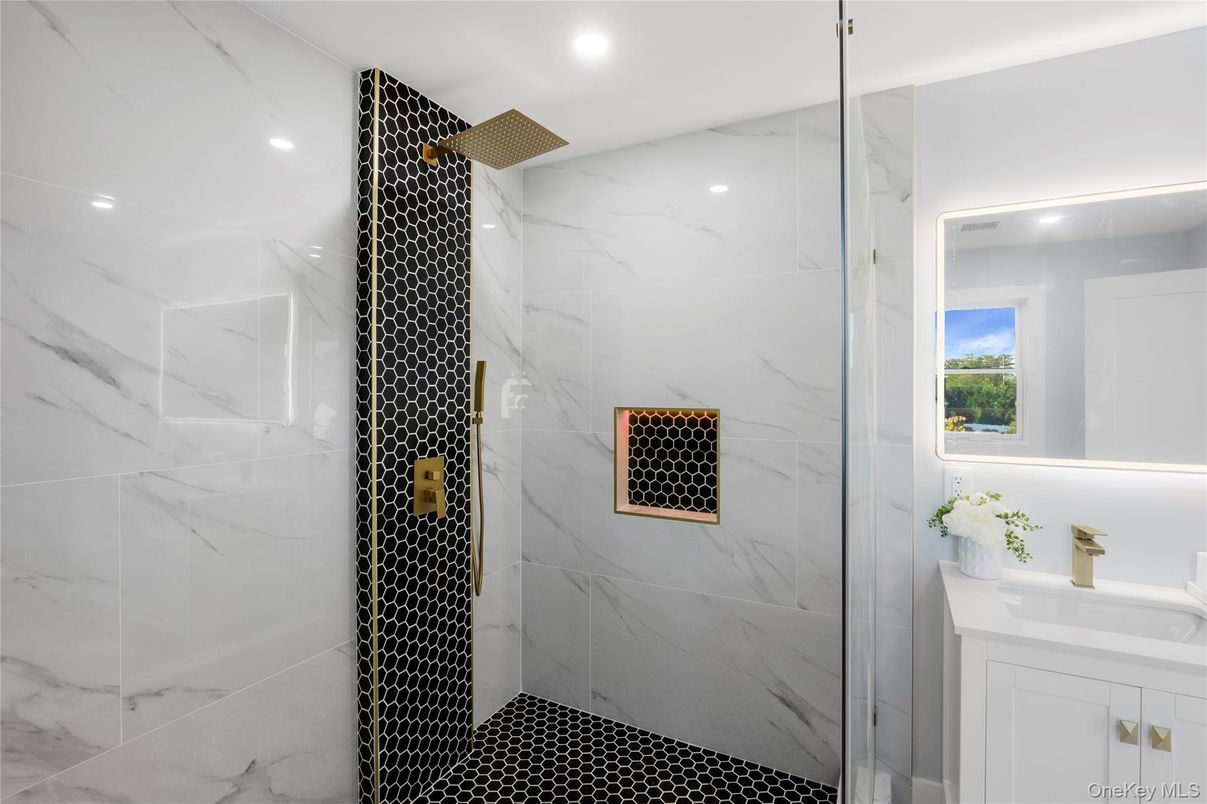 Bathroom, Glass Shower, Interior, Marble Walls, Recessed Lighting