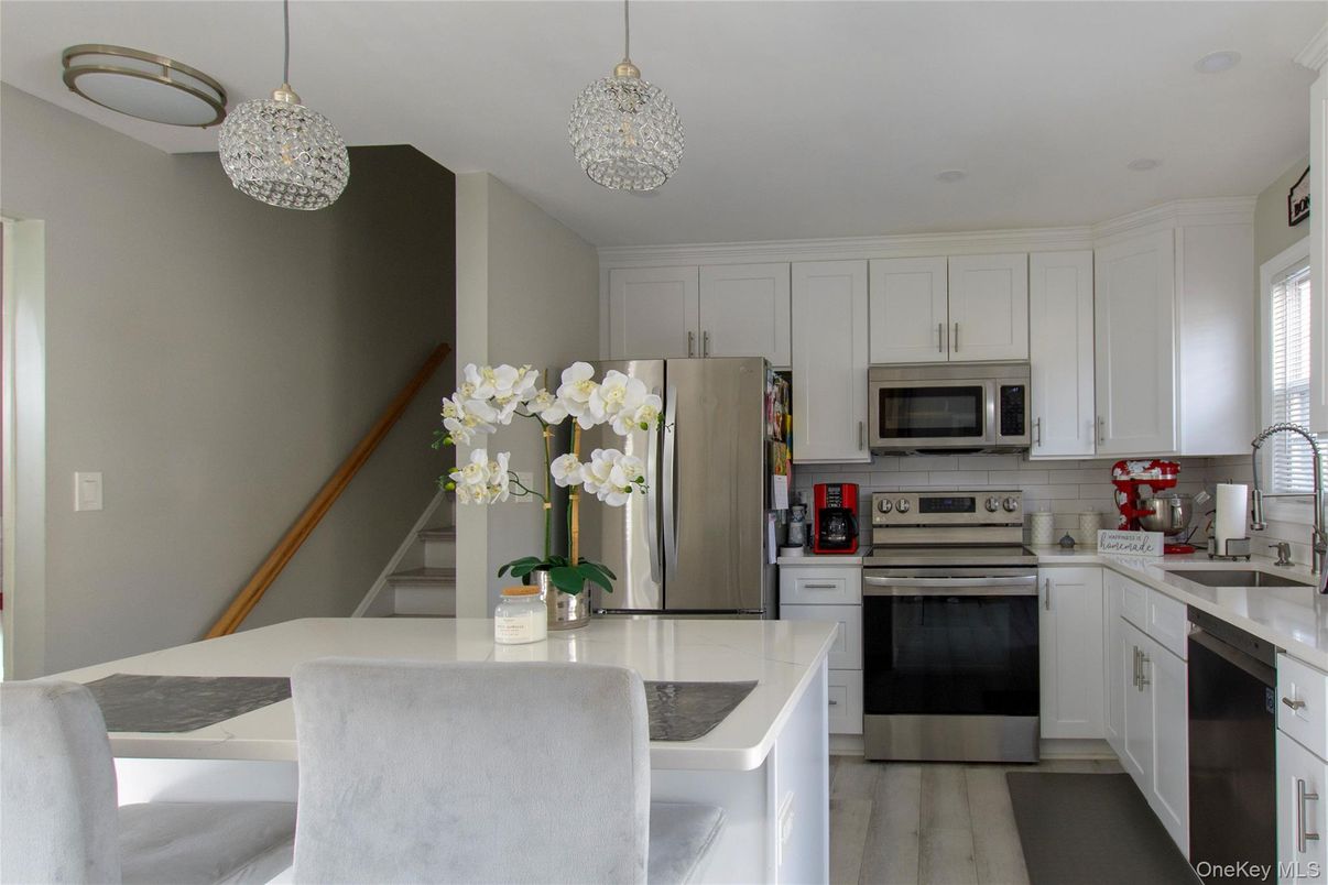 Interior, Kitchen, Pendant Lights, Stainless Steel Appliances, Wood Texture Flooring