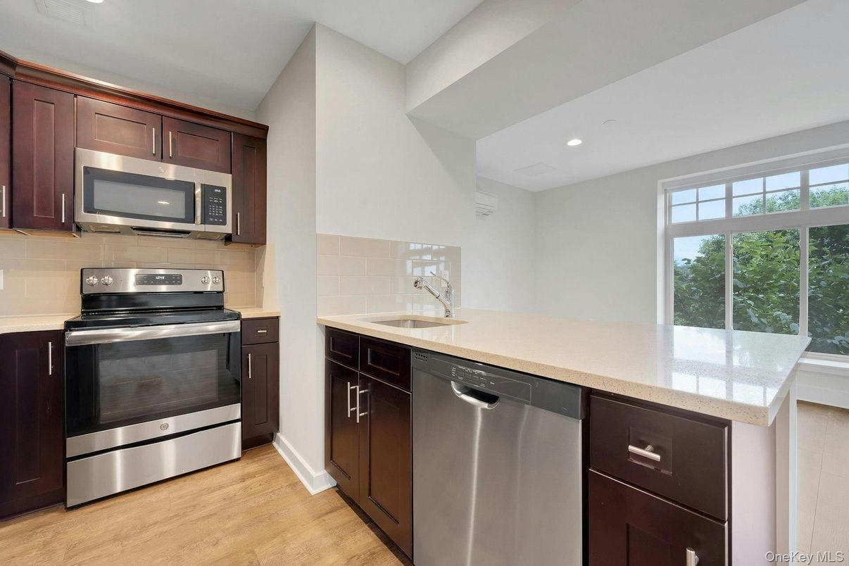 Interior, Kitchen, Recessed Lighting, Stainless Steel Appliances, Wood Texture Flooring