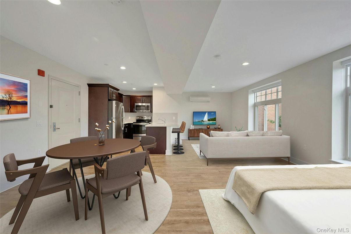 Dining room, Interior, Kitchen, Living room, Recessed Lighting, Stainless Steel Appliances, Wood Texture Flooring