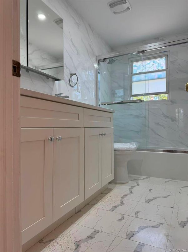 Bathroom, Glass Shower, Interior, Marble, Marble Walls, Recessed Lighting