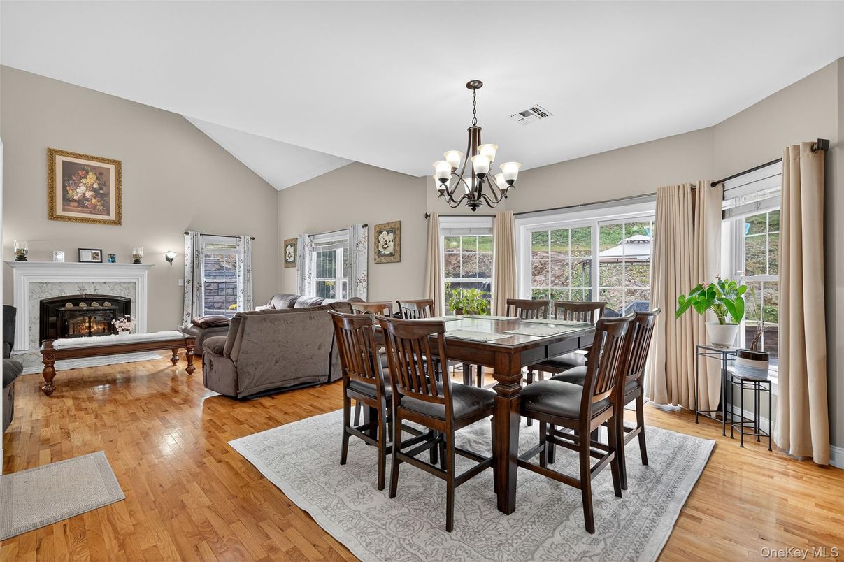 Chandelier, Dining room, Fireplace, Interior, Living room, Wood Texture Flooring