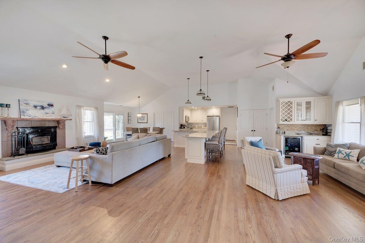 Fireplace, Interior, Kitchen, Living room, Pendant Lights, Recessed Lighting, Wood Texture Flooring