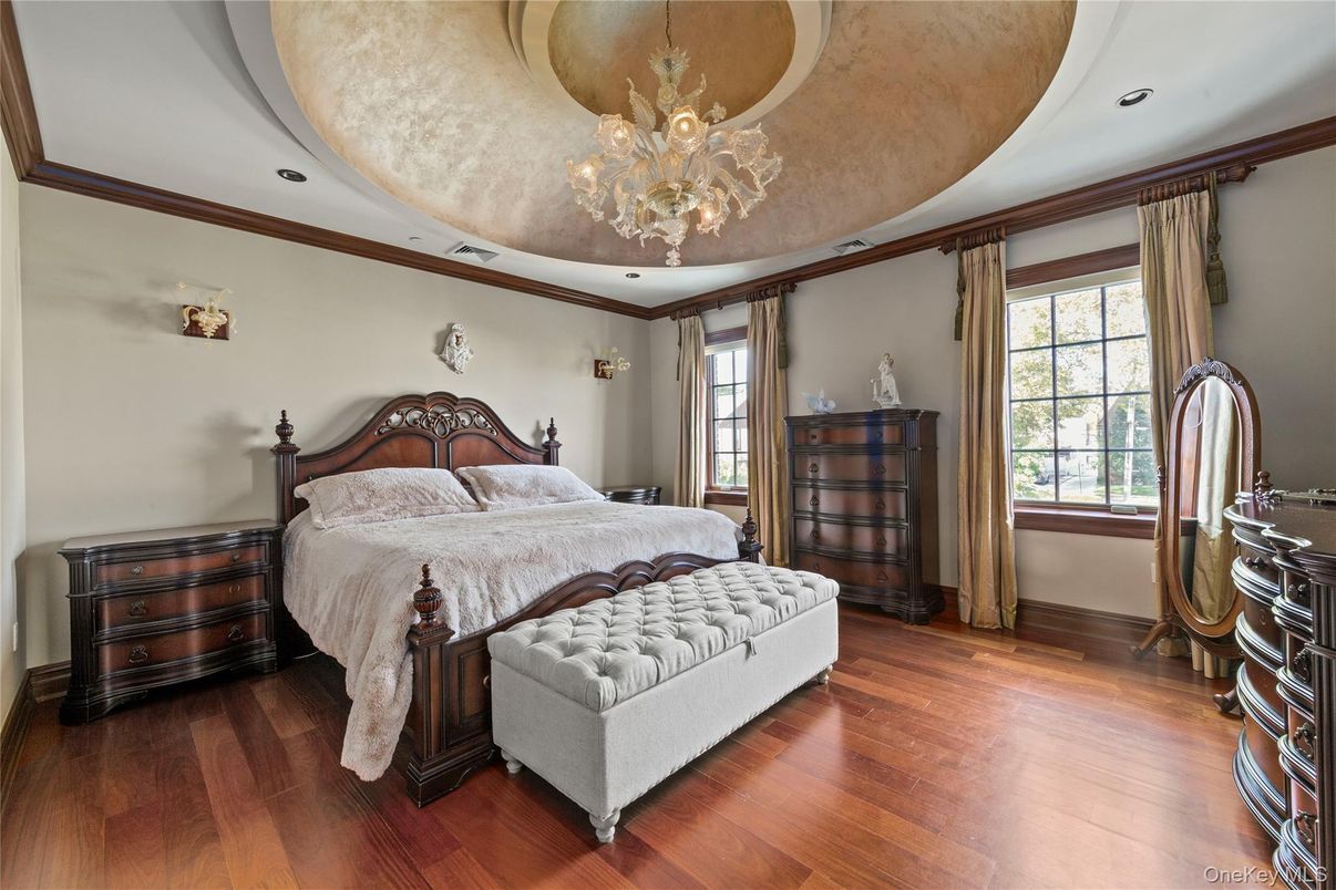 Bedroom, Chandelier, Interior, Recessed Lighting, Wood Texture Flooring