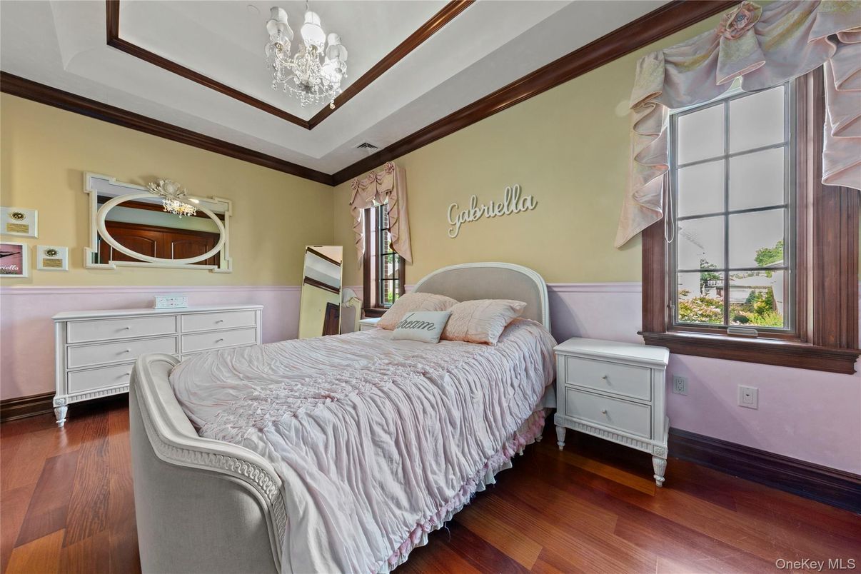 Bedroom, Chandelier, Interior, Wood Texture Flooring